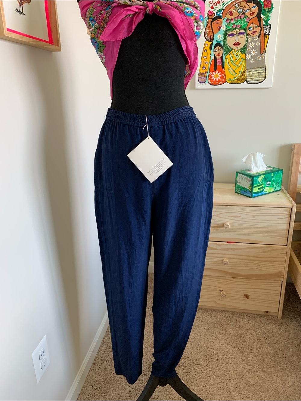Diane Von Furstenberg Navy Blue Elastic-Waist 100 silk pants